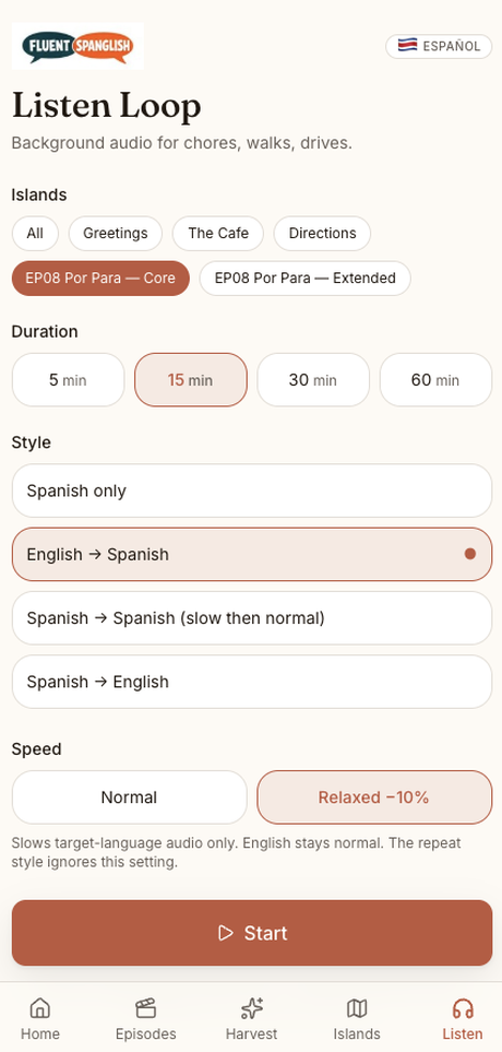 Fluent Spanglish app — Listen Loop screen